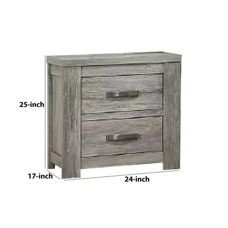 Comodino con due cassetti e maniglie a barra in metallo – Grigio, venature naturali del legno
