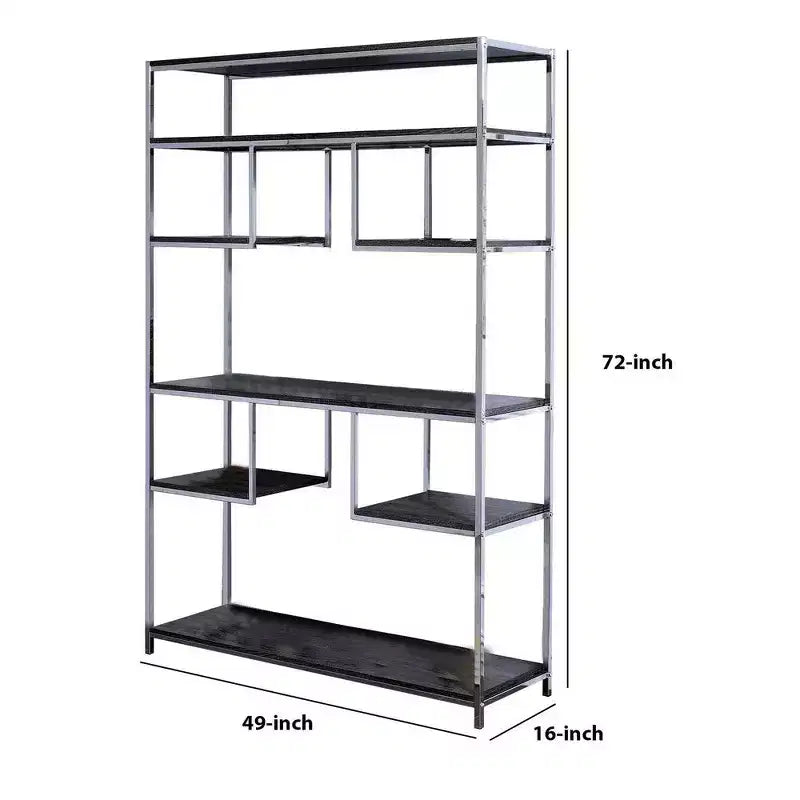 Libreria Geometrica 72" con 7 Ripiani – Struttura in Metallo Argento e Ripiani in Legno