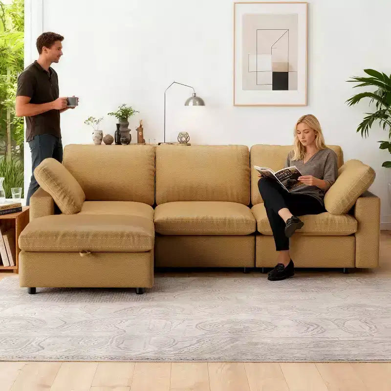 Divano sezionale in pelle rigenerata Cat Paw con pouf contenitore – 3 posti, per soggiorno