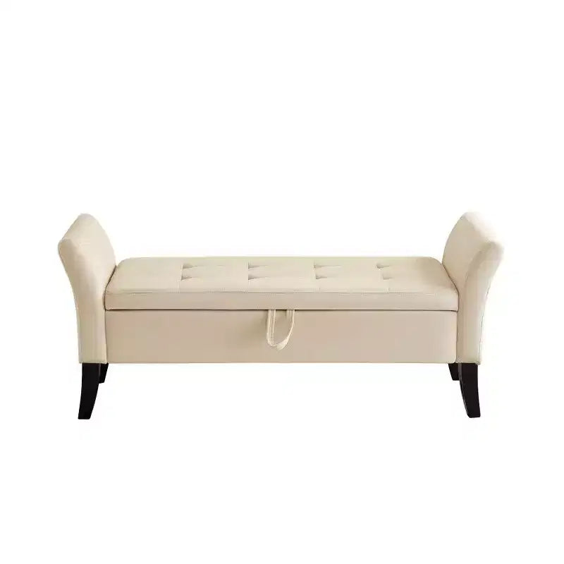 Panca pouf contenitore in velluto da 130 cm con gambe in legno massello – Beige, fondo letto