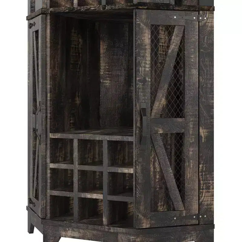 Mobile angolare da bar rustico alto 183 cm con anta scorrevole e portabottiglie – Noce