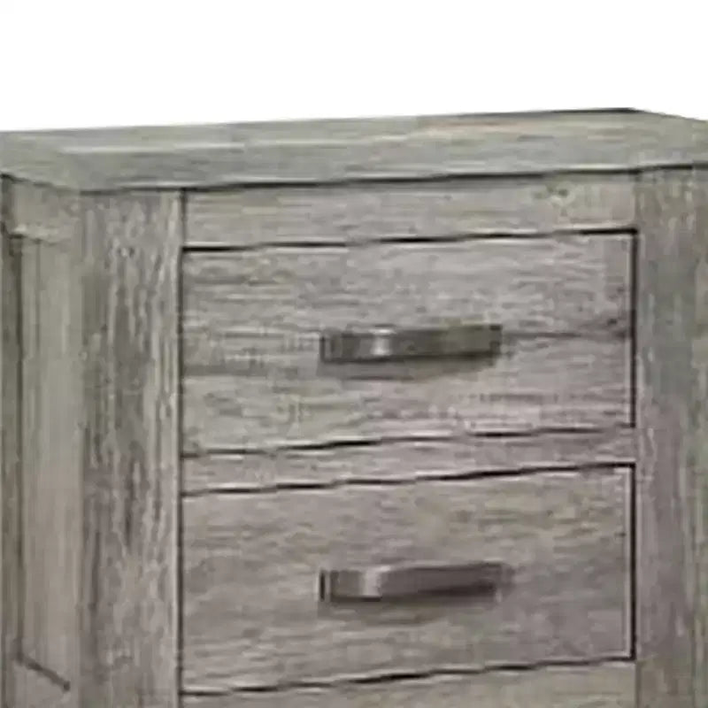 Comodino con due cassetti e maniglie a barra in metallo – Grigio, venature naturali del legno