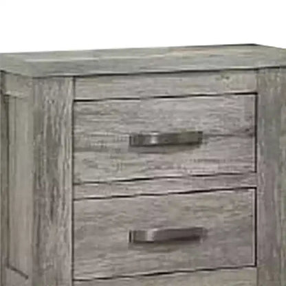 Comodino con due cassetti e maniglie a barra in metallo – Grigio, venature naturali del legno