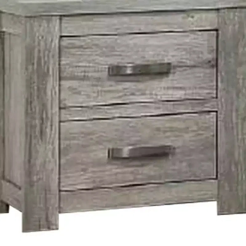Comodino con due cassetti e maniglie a barra in metallo – Grigio, venature naturali del legno