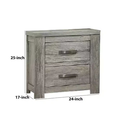 Comodino con due cassetti e maniglie a barra in metallo – Grigio, venature naturali del legno