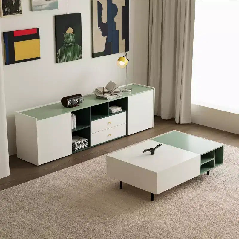Tavolino Moderno Bicolore con 2 Cassetti, Ripiani Aperti e Gambe in Metallo – Bianco e Verde