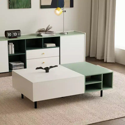 Tavolino Moderno Bicolore con 2 Cassetti, Ripiani Aperti e Gambe in Metallo – Bianco e Verde