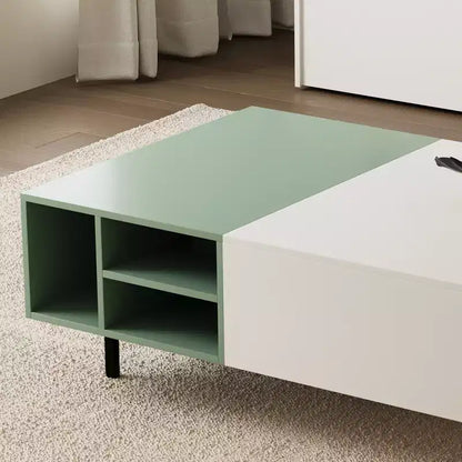 Tavolino Moderno Bicolore con 2 Cassetti, Ripiani Aperti e Gambe in Metallo – Bianco e Verde