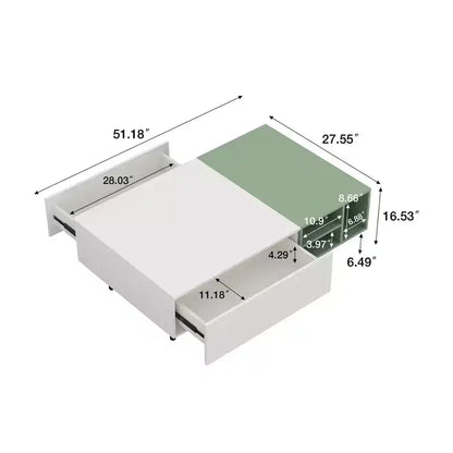 Tavolino Moderno Bicolore con 2 Cassetti, Ripiani Aperti e Gambe in Metallo – Bianco e Verde