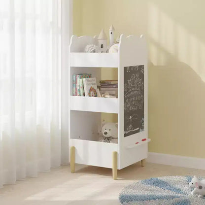 Libreria per bambini in legno a forma di orsetto con lavagna laterale e 3 ripiani a giorno – Bianca