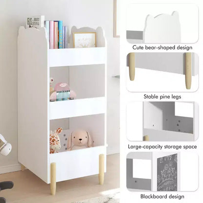 Libreria per bambini in legno a forma di orsetto con lavagna laterale e 3 ripiani a giorno – Bianca