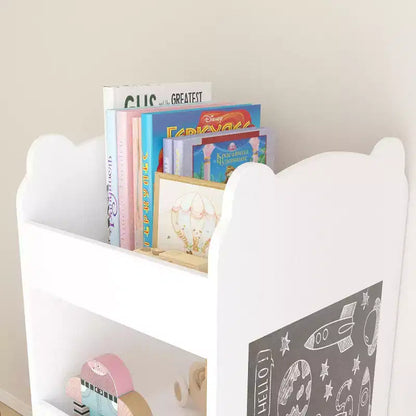 Libreria per bambini in legno a forma di orsetto con lavagna laterale e 3 ripiani a giorno – Bianca