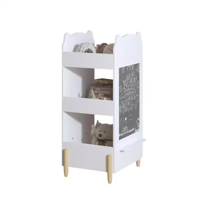 Libreria per bambini in legno a forma di orsetto con lavagna laterale e 3 ripiani a giorno – Bianca