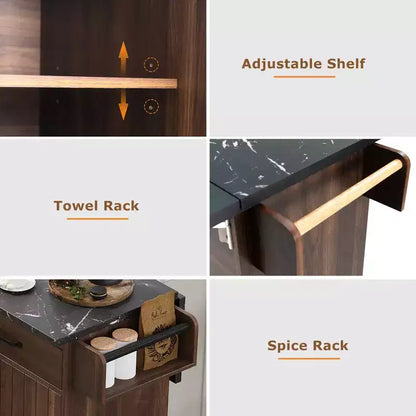 Isola da Cucina con Mobiletto Pattumiera, Ante a Scomparsa, Portaspezie, Portasciugamani e Cassetto – Noce