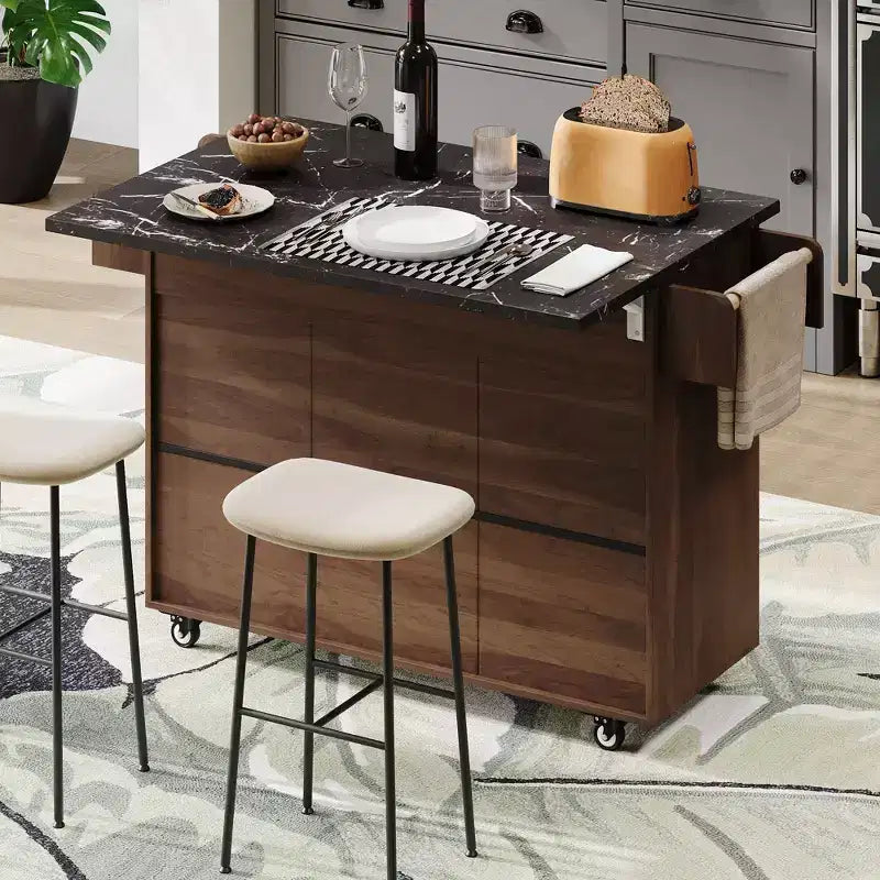 Isola da Cucina con Mobiletto Pattumiera, Ante a Scomparsa, Portaspezie, Portasciugamani e Cassetto – Noce