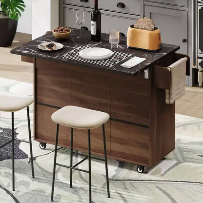 Isola da Cucina con Mobiletto Pattumiera, Ante a Scomparsa, Portaspezie, Portasciugamani e Cassetto – Noce