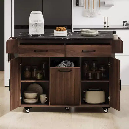 Isola da Cucina con Mobiletto Pattumiera, Ante a Scomparsa, Portaspezie, Portasciugamani e Cassetto – Noce
