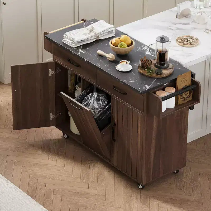 Isola da Cucina con Mobiletto Pattumiera, Ante a Scomparsa, Portaspezie, Portasciugamani e Cassetto – Noce