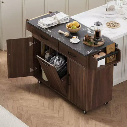 Isola da Cucina con Mobiletto Pattumiera, Ante a Scomparsa, Portaspezie, Portasciugamani e Cassetto – Noce