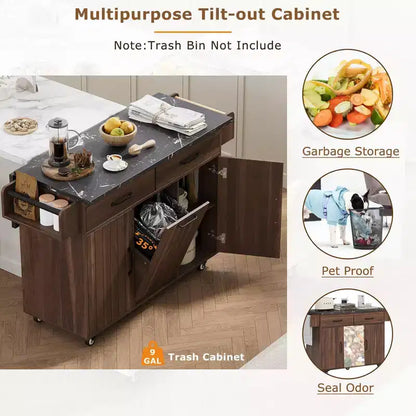 Isola da Cucina con Mobiletto Pattumiera, Ante a Scomparsa, Portaspezie, Portasciugamani e Cassetto – Noce