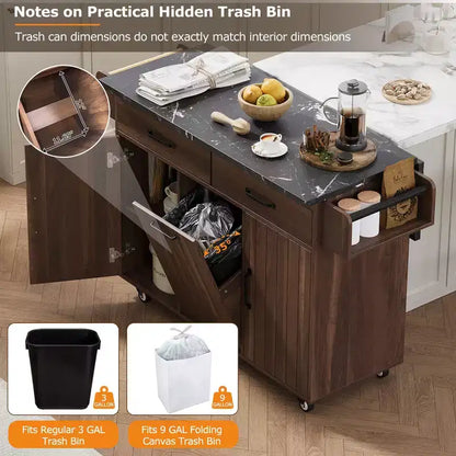 Isola da Cucina con Mobiletto Pattumiera, Ante a Scomparsa, Portaspezie, Portasciugamani e Cassetto – Noce