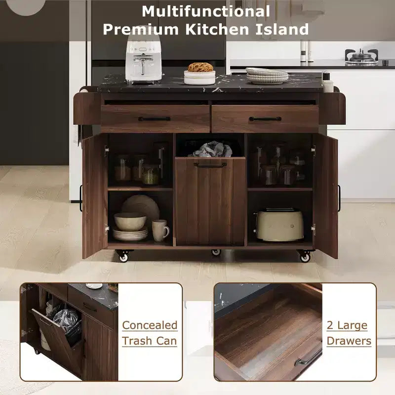Isola da Cucina con Mobiletto Pattumiera, Ante a Scomparsa, Portaspezie, Portasciugamani e Cassetto – Noce