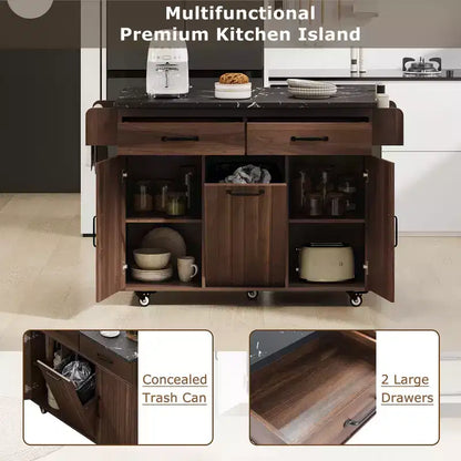Isola da Cucina con Mobiletto Pattumiera, Ante a Scomparsa, Portaspezie, Portasciugamani e Cassetto – Noce