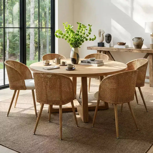 Upholstered Rattan Dining Chairs Set of 6/8, Armless Linen Barrel Kitchen Chairs with Curved Cane Back and Wood-Look Metal Legs - Panipeachy