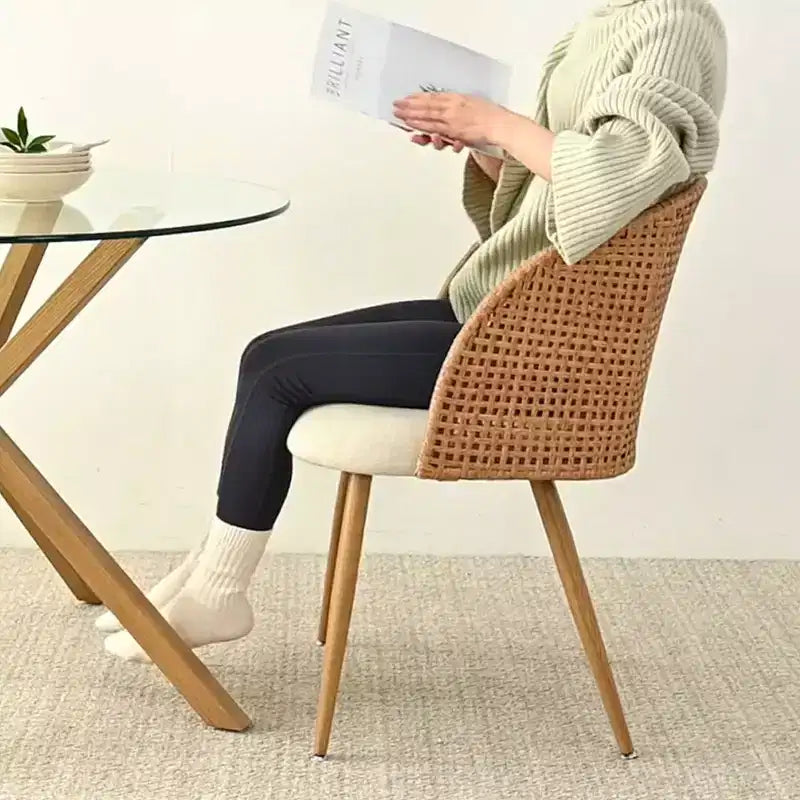 Sedie da pranzo imbottite in rattan, sedia a botte senza braccioli in lino con schienale curvo in canna – da 6 o 8