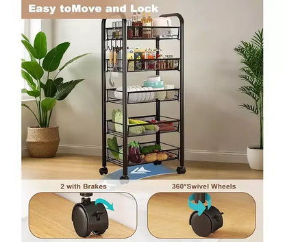 Scaffali multiuso a 5 ripiani su ruote, Carrello in metallo con ruote, Scaffali in metallo su ruote per frutta, verdura, snack, ciotole e stoviglie