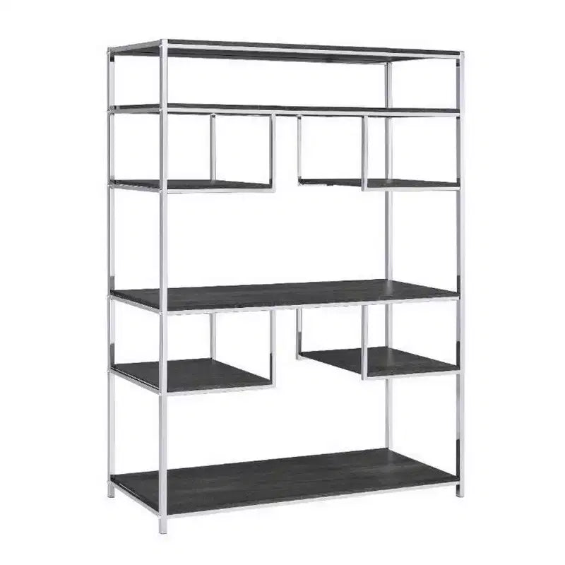 Libreria Geometrica 72" con 7 Ripiani – Struttura in Metallo Argento e Ripiani in Legno