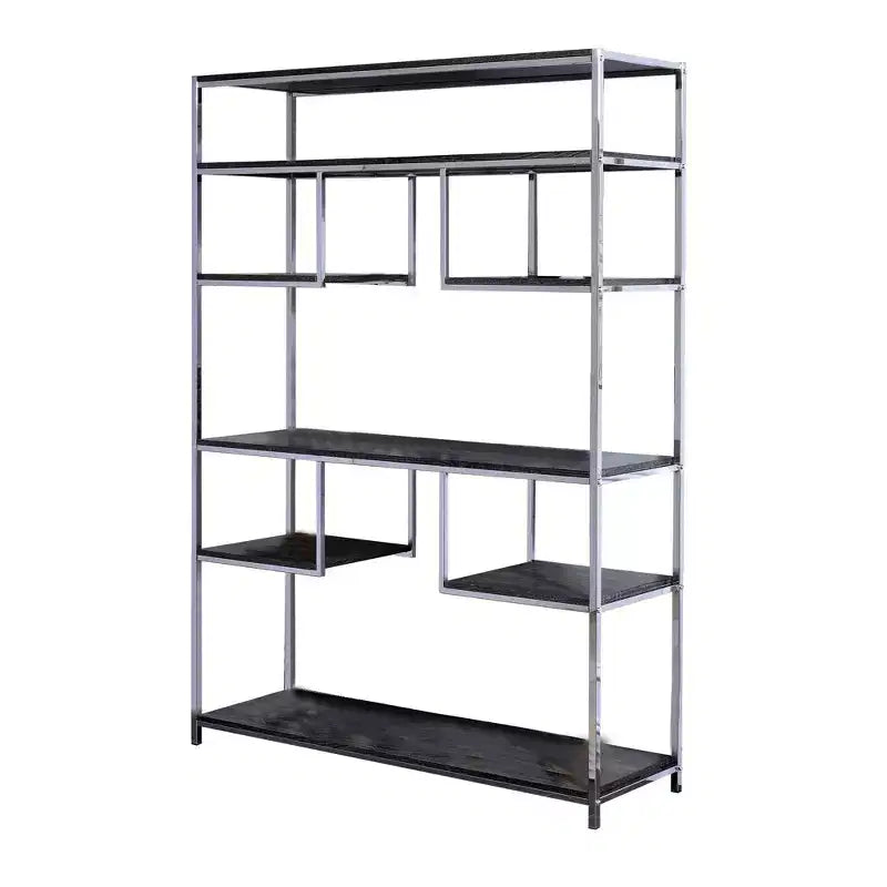 Libreria Geometrica 72" con 7 Ripiani – Struttura in Metallo Argento e Ripiani in Legno