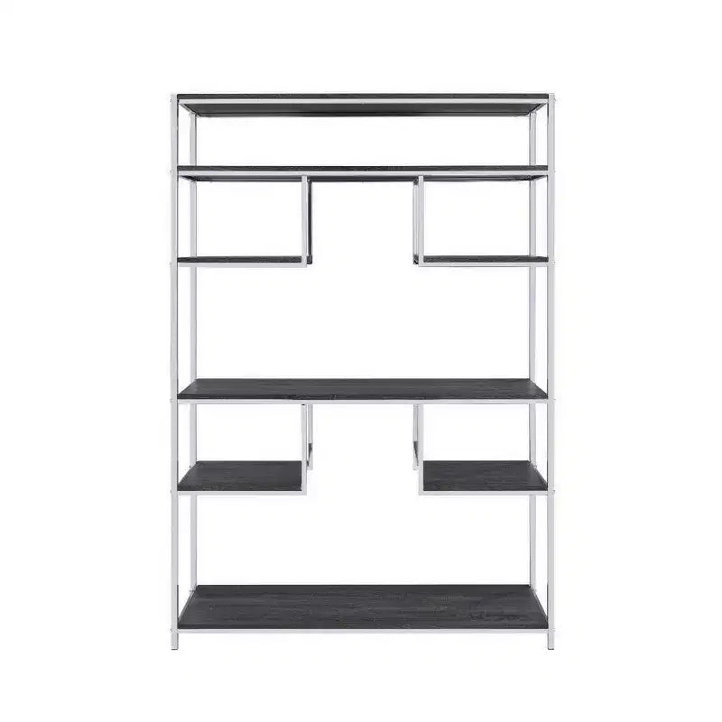 Libreria Geometrica 72" con 7 Ripiani – Struttura in Metallo Argento e Ripiani in Legno
