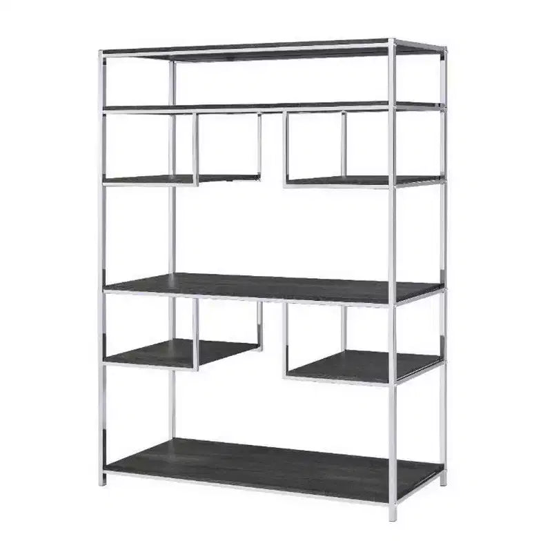 Libreria Geometrica 72" con 7 Ripiani – Struttura in Metallo Argento e Ripiani in Legno