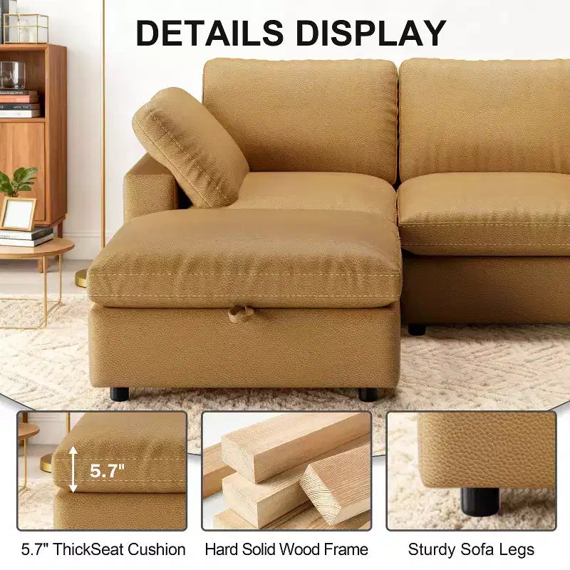 Divano sezionale in pelle rigenerata Cat Paw con pouf contenitore – 3 posti, per soggiorno
