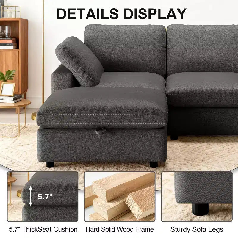 Divano sezionale in pelle rigenerata Cat Paw con pouf contenitore – 3 posti, per soggiorno