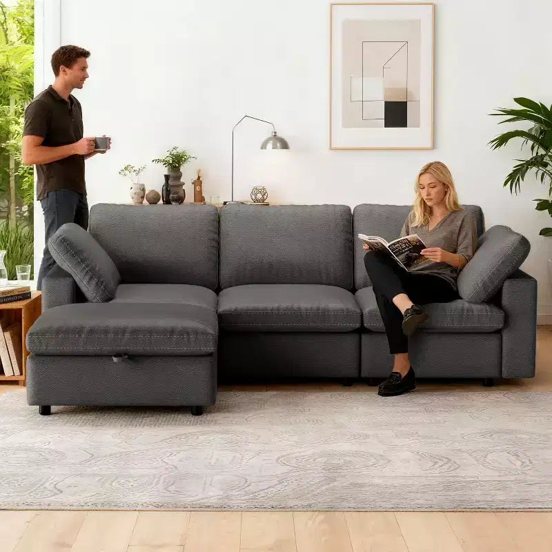 Divano sezionale in pelle rigenerata Cat Paw con pouf contenitore – 3 posti, per soggiorno