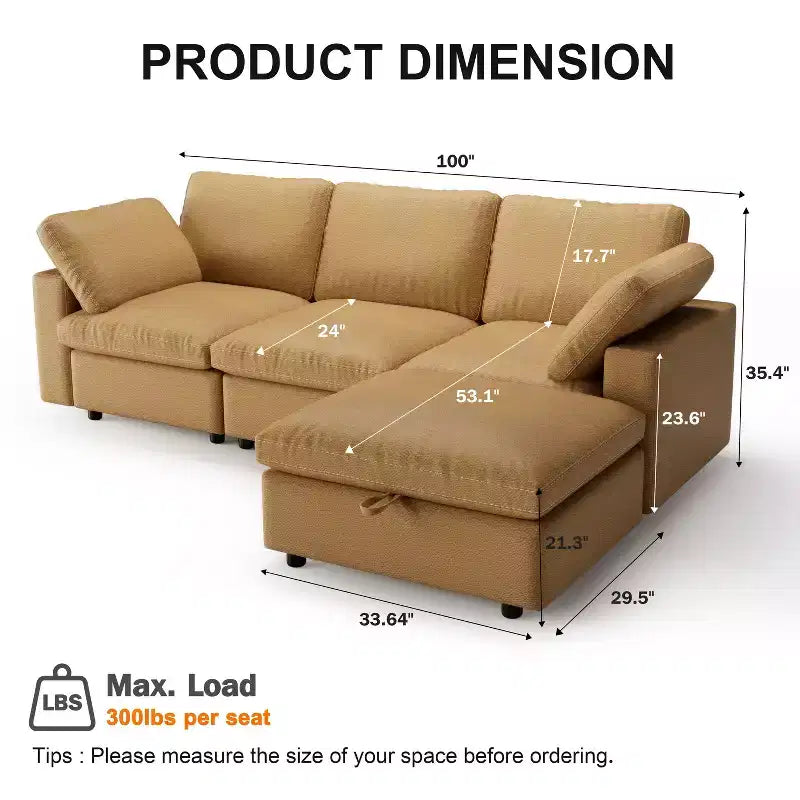 Divano sezionale in pelle rigenerata Cat Paw con pouf contenitore – 3 posti, per soggiorno
