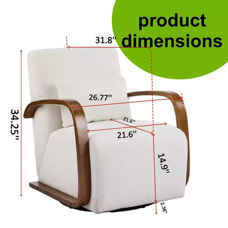 Poltrona girevole a 360° accentata in velluto color crema con braccioli in legno curvato, stile Mid-Century Modern