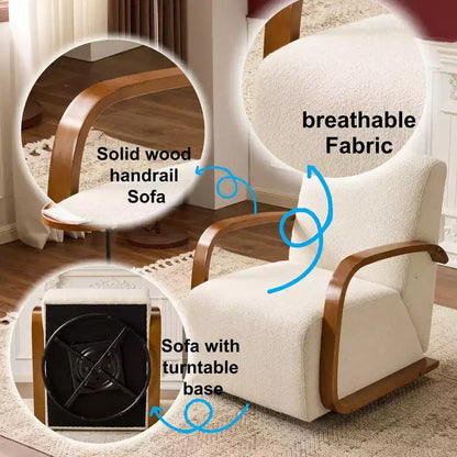 Poltrona girevole a 360° accentata in velluto color crema con braccioli in legno curvato, stile Mid-Century Modern