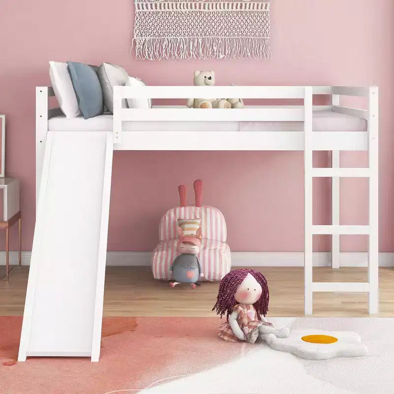 Letto a soppalco matrimoniale con scivolo, sponda a tutta lunghezza e design multifunzionale – Bianco