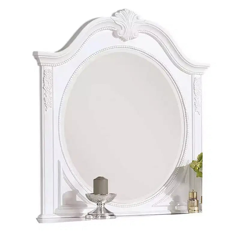 Specchio da comò classico bianco in legno massello da 42" con cornice intagliata e vetro smussato