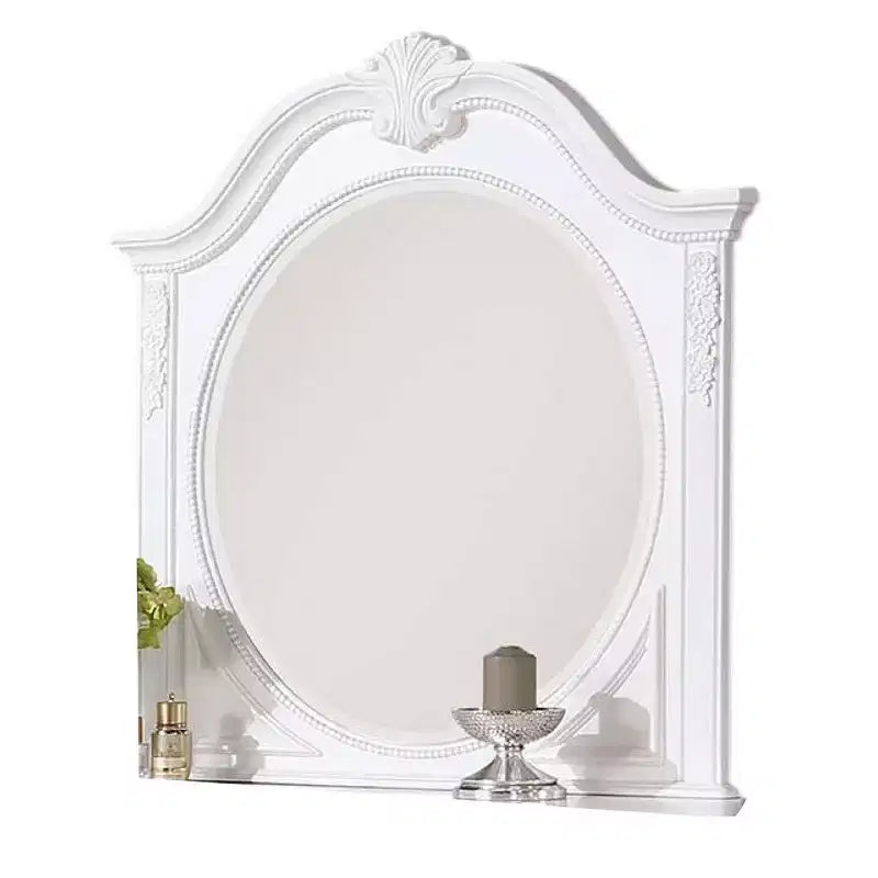 Specchio da comò classico bianco in legno massello da 42" con cornice intagliata e vetro smussato