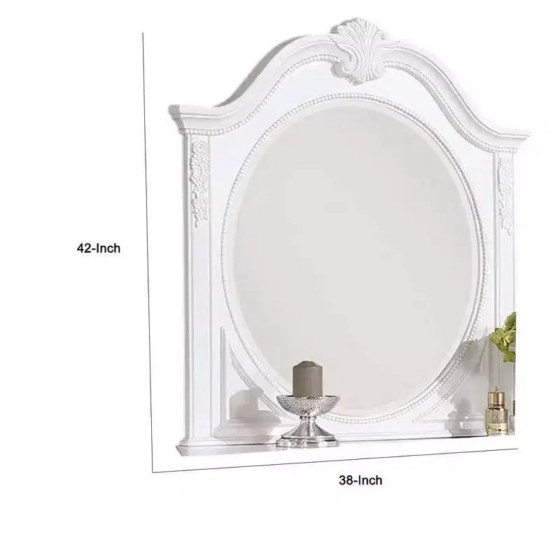 Specchio da comò classico bianco in legno massello da 42" con cornice intagliata e vetro smussato