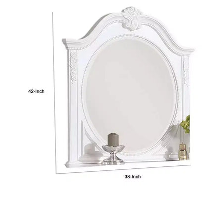 Specchio da comò classico bianco in legno massello da 42" con cornice intagliata e vetro smussato