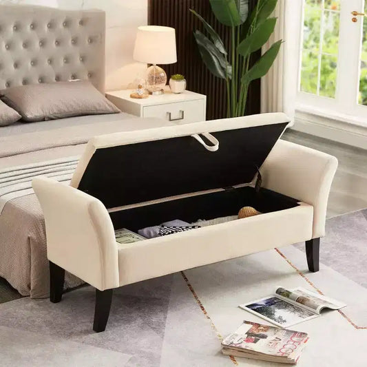 TUYOHW Rectangle Storage Bench,51.5 End of Bed Ottoman Bench with Solid Wood Legs,Velvet Ottoman for Living Room,Bedroom,Entryway,Beige