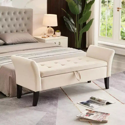 Panca pouf contenitore in velluto da 130 cm con gambe in legno massello – Beige, fondo letto