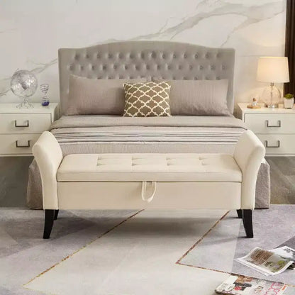 Panca pouf contenitore in velluto da 130 cm con gambe in legno massello – Beige, fondo letto