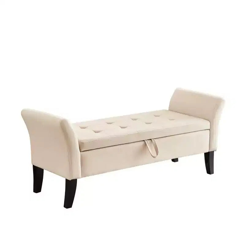 Panca pouf contenitore in velluto da 130 cm con gambe in legno massello – Beige, fondo letto