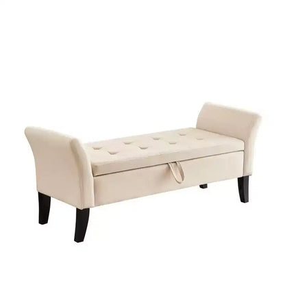Panca pouf contenitore in velluto da 130 cm con gambe in legno massello – Beige, fondo letto